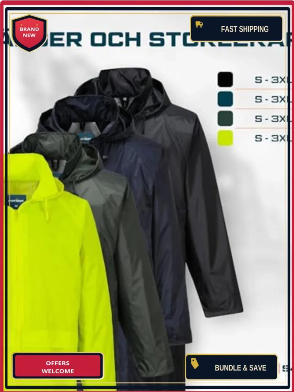 Waterproof Long Rain Coat Hooded Work Trench